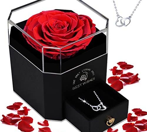 Rosa Stabilizzata Vera, Rosa Eterna Confezione Regalo Con Collana, Idee Regalo Donna per San Valentino, Anniversario, Festa della Donna, Compleanno, Matrimonio, Fidanzata, Moglie, Mamma, Madre – idea regalo udinese