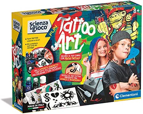 Clementoni- Scienza Fun-Tattoo Art, Gioco Fabbrica Tatuaggi, Laboratorio scientifico 8 Anni, Manuale in Italiano, Made in Italy, Multicolore, 19254 – idea regalo milanista