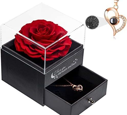 Rose Stabilizzate Vera Idee Regalo Donna -Rosa Eterna Fatta a Mano con Collana Ti Amo 100 Lingue Scatola Regalo Compleanno Anniversario San Valentine Regalo per Donna Mamma Fidanzata Moglie (1-Rosso) – idea regalo romanista