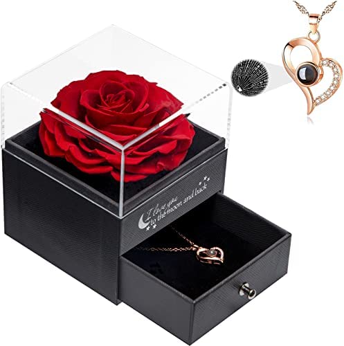 Rose Stabilizzate Vera Idee Regalo Donna -Rosa Eterna Fatta a Mano con Collana Ti Amo 100 Lingue Scatola Regalo Compleanno Anniversario San Valentine Regalo per Donna Mamma Fidanzata Moglie (1-Rosso) – idea regalo romanista