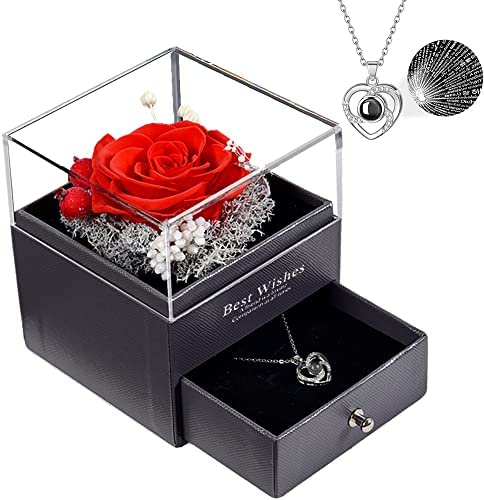 Roqueen Rosa Conservata Vera, Confezione Regalo con Collana, Fatto a Mano Eternal Rose Fiore Regalo per Lei Donna Moglie Fidanzata Madre il Compleanno Anniversario Festa Della Mamma Natale – idea regalo udinese