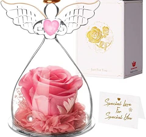 zelaby Rosa Eterna Stabilizzata Vera Regalo Festa della Mamma per lei, Confezione Idee Regalo Rosa con Cupola in Vetro con Angelo, per Donna Compleanno Mamma Anniversario Matrimonio（Rose） – idea regalo romanista