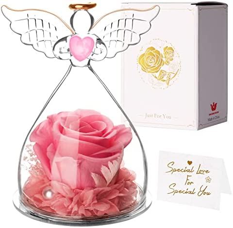 zelaby Rosa Eterna Regali per Donna Mamma Coppia Festa della Mamma Compleanno Viola Festa della Donna Confezione Idee Regalo Rosa con Cupola in Vetro con Angelo Fiore Eterni Rose Stabilizzate Vera 