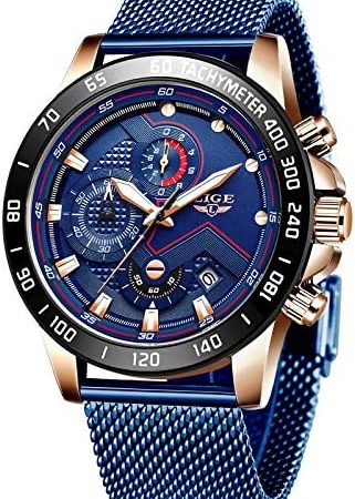 Orologio Uomo,LIGE Acciaio Inossidabile Impermeabile Analogico al Quarzo Orologi Cronografo Quadrante Nero Data Calendario Casual Orologi da Polso con Cinturino in Maglia – idea regalo atalanta