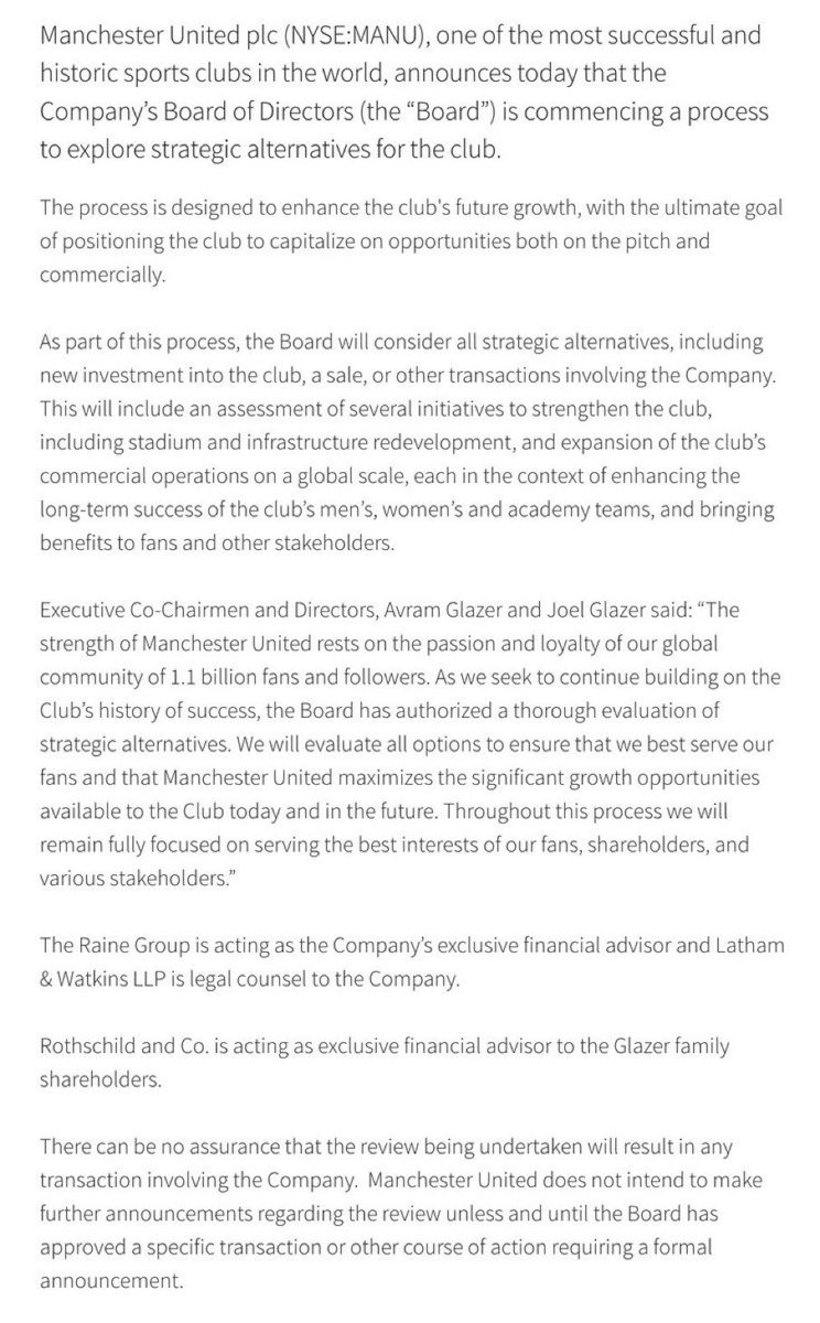 Fabrizio Romano: Dichiarazione ufficiale del Manchester United per annunciare che “il consiglio di amministrazione della società…