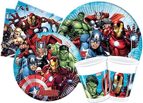 Kit Party Tavola Marvel Avengers Mighty per 24 persone (112 pezzi: 24 piatti carta Ø23cm, 24 piatti carta Ø20cm, 24 bicchieri plastica 200ml, 40 tovaglioli carta 33x33cm) – idea regalo milanista