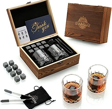 Sovyime Set Regalo Pietre Whisky e Bicchieri Whisky, Cubetti di Ghiaccio Riutilizzabili con Scatola di Whisky, 8 Pietre per Whisky Stones e 2 Bicchieri da Rum, Perfetto Idee Regali per Lui – idea regalo udinese