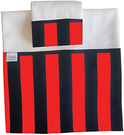 Zigozago – Set Lenzuola ricamate in raffinato piquet di cotone per culla con bordo a righe rosso nere in 3 pezzi – idea regalo milanista