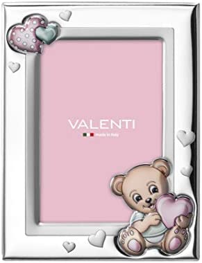 Valenti&Co – Cornice Porta Foto in Argento con dettaglio orsetto dipinto a Colori da Tavolo o Comodino per la Cameretta del Bambino perfetta come Idea Regalo Battesimo o Compleanno – idea regalo udinese