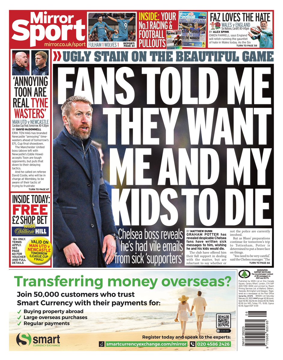 F. Romano pubblica: Graham Potter in prima pagina su Mirror: “I fan mi hanno detto che vogliono che io e i miei figli di…