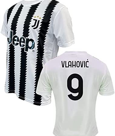 ZeroPlayer Maglia Bianconeri Personalizzata con Nome e Numero di Dusan Vlahovic 9 Home 2022 2023 Replica Ufficiale, Bianco, Nero, 100% Poliestere – idea regalo juventino