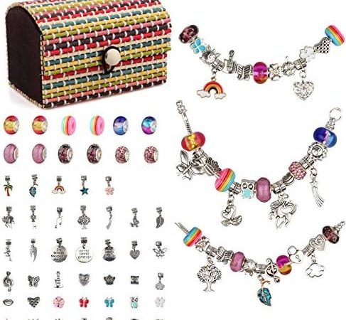 Kit Crea Braccialetti Bambina Fai da Te Idee Regalo 6 7 8 9 10 11 12 Anni con 3 Catene Argento, 52 Perline e 1 Scatola Regalo – idea regalo inter