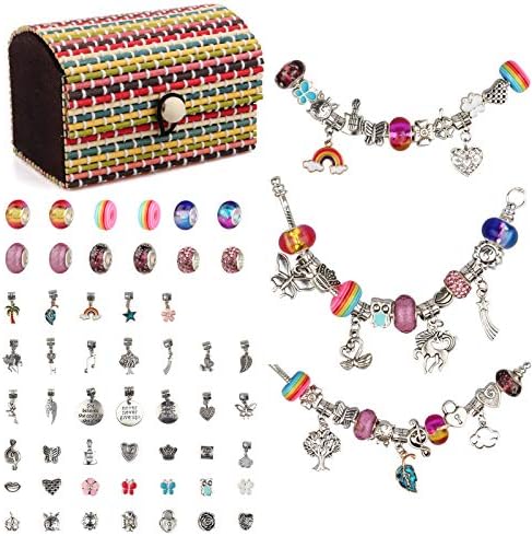 Kit Crea Braccialetti Bambina Fai da Te Idee Regalo 6 7 8 9 10 11 12 Anni con 3 Catene Argento, 52 Perline e 1 Scatola Regalo – idea regalo inter