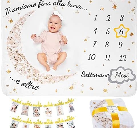 Coperta Neonato In Italiano | Con Porta Foto 12 Mesi | Per Maschio O Femmina, Unisex | Tema Luna E Stelle | Regalo Baby Shower Personalizzato – idea regalo milan