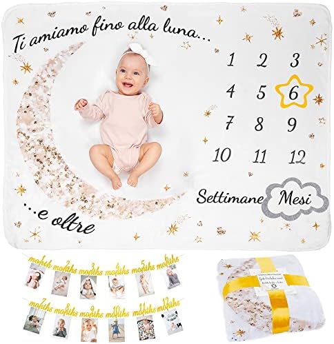Coperta Neonato In Italiano | Con Porta Foto 12 Mesi | Per Maschio O Femmina, Unisex | Tema Luna E Stelle | Regalo Baby Shower Personalizzato – idea regalo milan