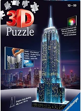 Ravensburger – Puzzle 3D Empire State Building, edizione speciale notturna con LED, età consigliata 10-99, 12566 1, zibellino, 228 pezzi – idea regalo sampdoria