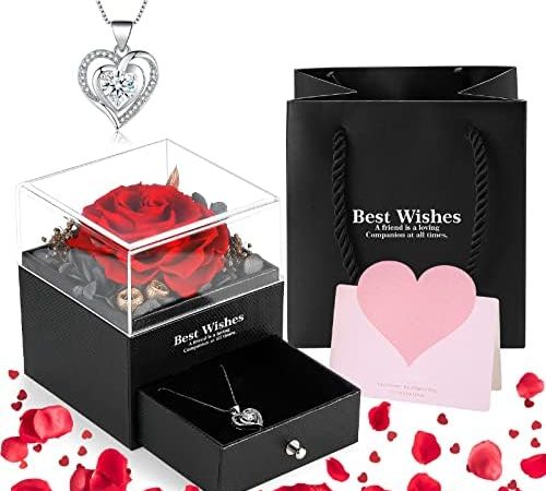 Daover Rosa Eterna Confezione Regalo, Rosa Stabilizzata Vera, Rosa Eterna con Collana Cuore Regalo, Regali Romantici per Lei, Regalo Compleanno Mamma, Regalo Anniversario Matrimonio, Regalo Natale – idea regalo romanista