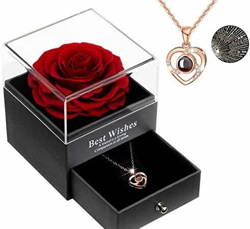 Sunia Rosa Eterna Rosa Stabilizzata Fiori, Regali Rosa con Collana Regalo per Natale San Valentino Festa della Mamma Idee Regali per Lei – Rosso – idea regalo udinese