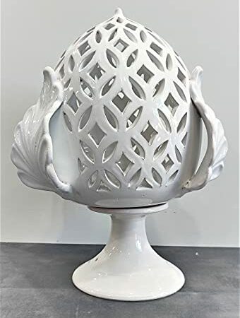 Pomo Lampada in ceramica smaltata bianco lucido traforata. H. 50 cm decoro Foglie – idea regalo fiorentina