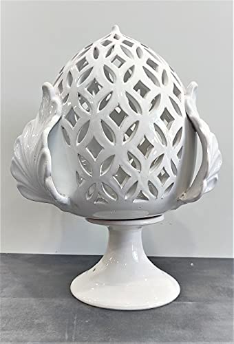 Pomo Lampada in ceramica smaltata bianco lucido traforata. H. 50 cm decoro Foglie – idea regalo fiorentina