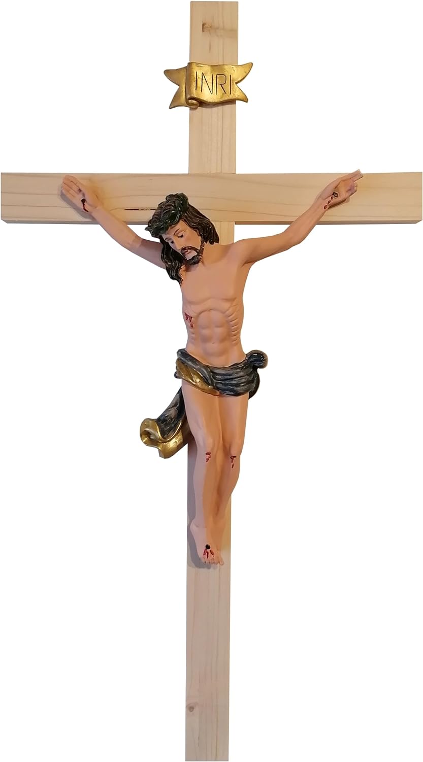 Kaltner Präsente Idea regalo – Crocifisso da parete in legno di abete naturale con Gesù Cristo su croce dipinta a mano – idea regalo as roma