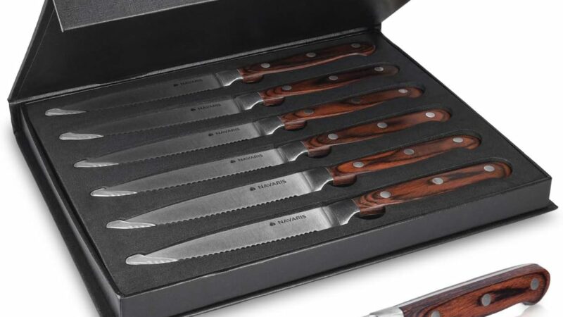 Navaris Set Coltelli Carne Bistecca Acciaio Inox – 6X Coltello Pizza con Lama Seghettata Antiruggine – Presa Ergonomica in Legno Pakka – Scatola incl. – idea regalo fiorentina