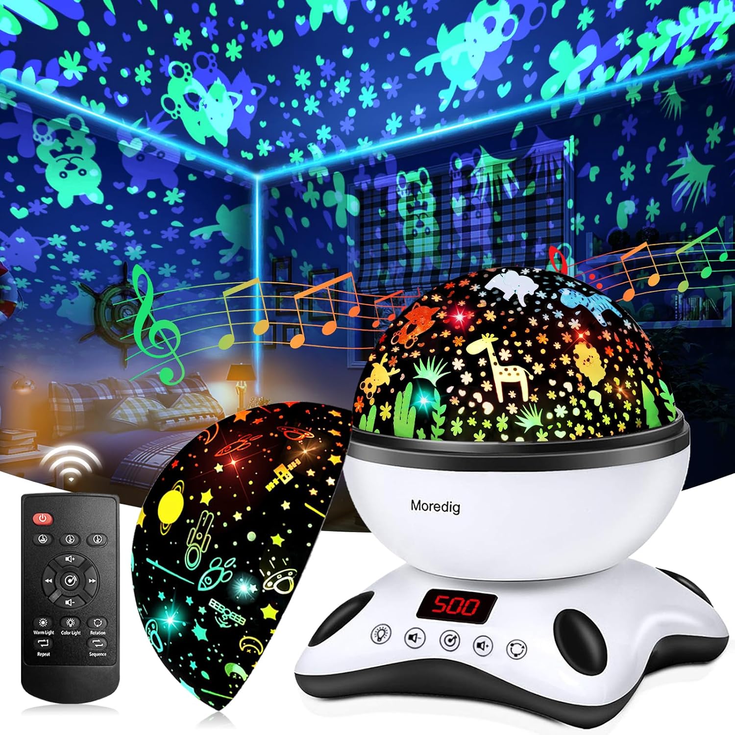 Moredig – Proiettore Stelle Bambini, 360° Rotazione Musicale Proiettore Bambini con Schermo a Led e Telecomando, 8 Modalità Luce Notturna Bambini, Regalo per Neonati, Regali Bambini, Regalo Bambina – idea regalo udinese