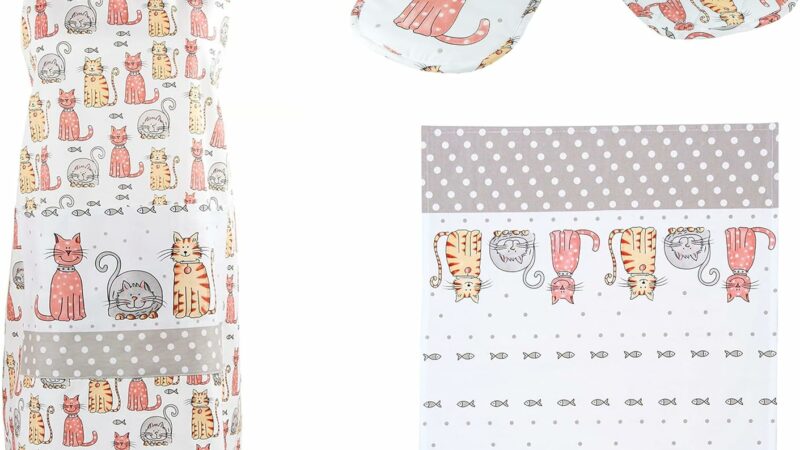 SPOTTED DOG GIFT COMPANY – Set di strofinaccio da cucina, grembiule e guanto da forno doppio – a tema gatti – resistenti al caldo – idee regalo per uomo, donna e amanti degli animali – in cotone – idea regalo udinese