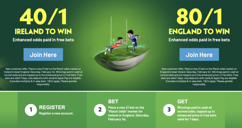 Paddy Power Welcome Offer – Ottieni 40/1 in Irlanda per vincere o 100/1 in Inghilterra per vincere nelle sei nazioni