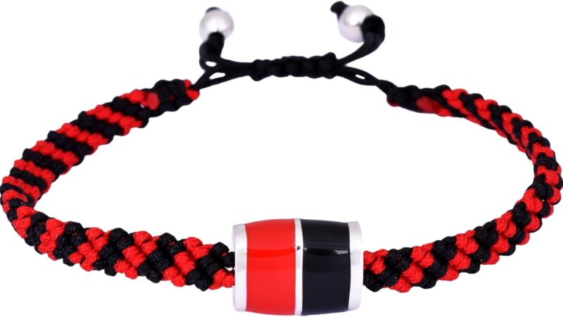 Italyanissimo Bracciale per tifosi in macramè e Argento 925 rodiato oro bianco con smalti. Rosso nero stile milan. – idea regalo milan