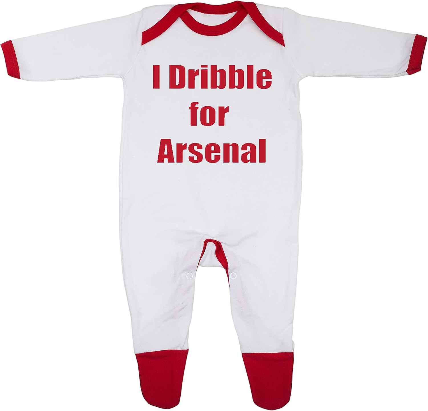 Tutina con scritta “I Dribble For Arsenal”, idea regalo in Inghilterra con 100% cotone pettinato fine, Finiture bianche e rosse., 9 mesi – idea regalo inter