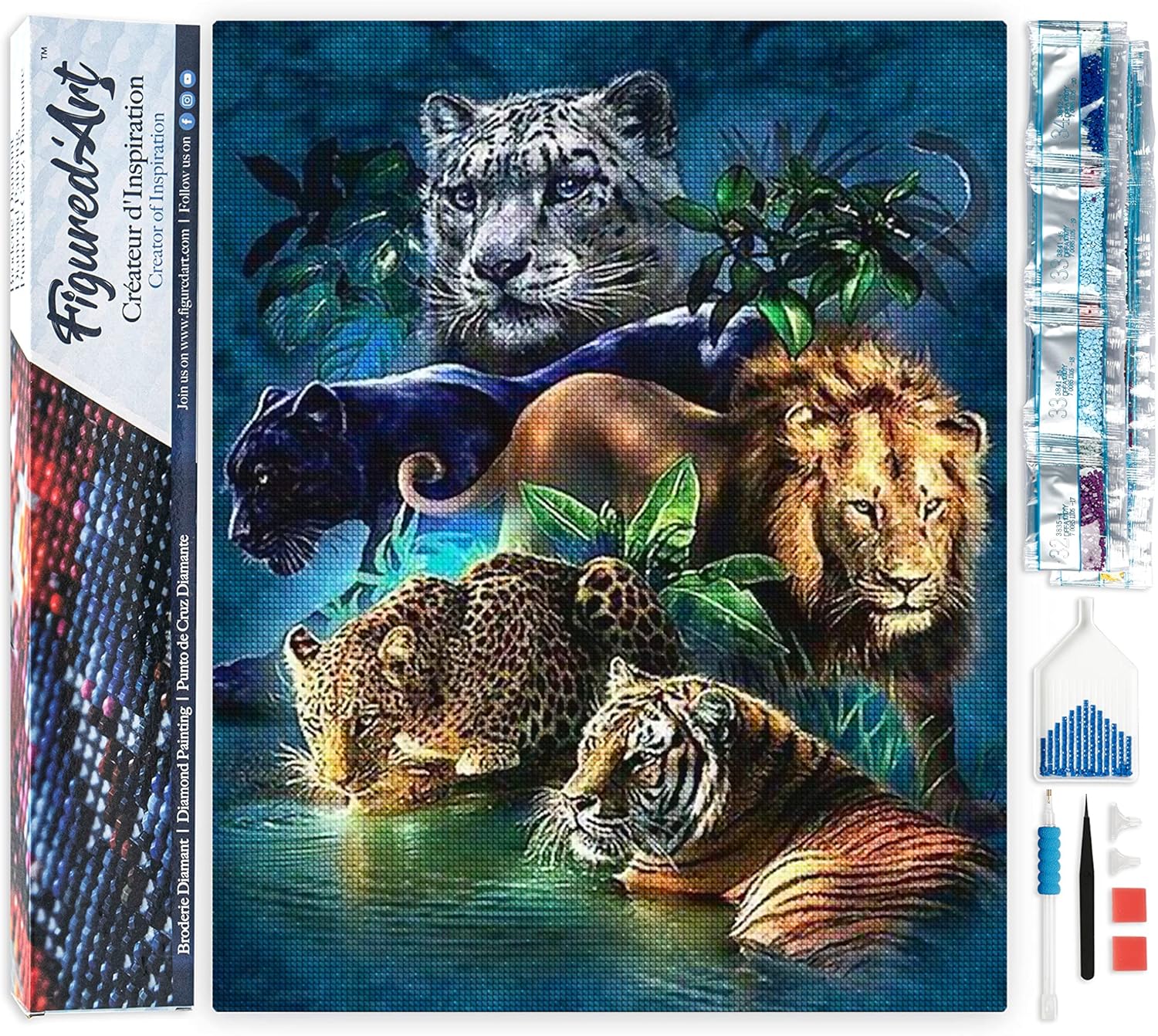 Figured’Art Diamond Painting Art 5D kit completo 40x50cm Tela Arrotolata Interamente da Ricoprire di Diamonds Quadrati – Animali Della Giungla – Pittura Diamante – Attività Creativa per Adulti – idea regalo inter