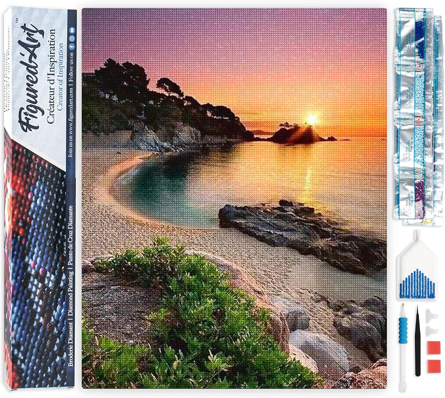 Figured’Art Diamond Painting Art 5D kit completo 40x50cm Tela Arrotolata Interamente da Ricoprire di Diamonds Quadrati – Spiaggia E Tramonto – Pittura Diamante – Attività Creativa per Adulti – idea regalo inter