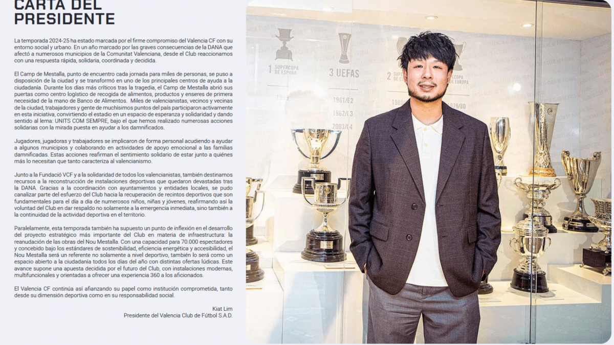 Kiat Lim sottolinea l’impegno sociale del Valencia nella dana, è entusiasta del Nou Mestalla e non menziona la situazione sportiva