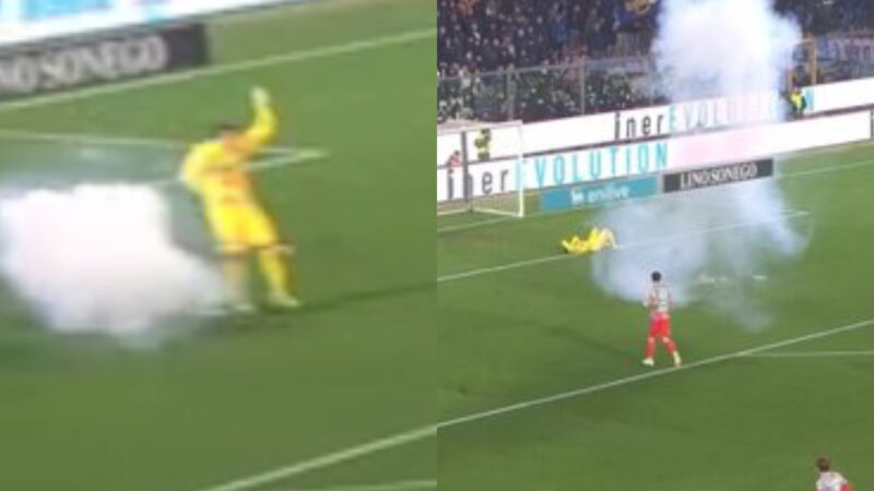 I ‘tifosi’ dell’Inter attaccano il portiere cremonese Audero con un petardo