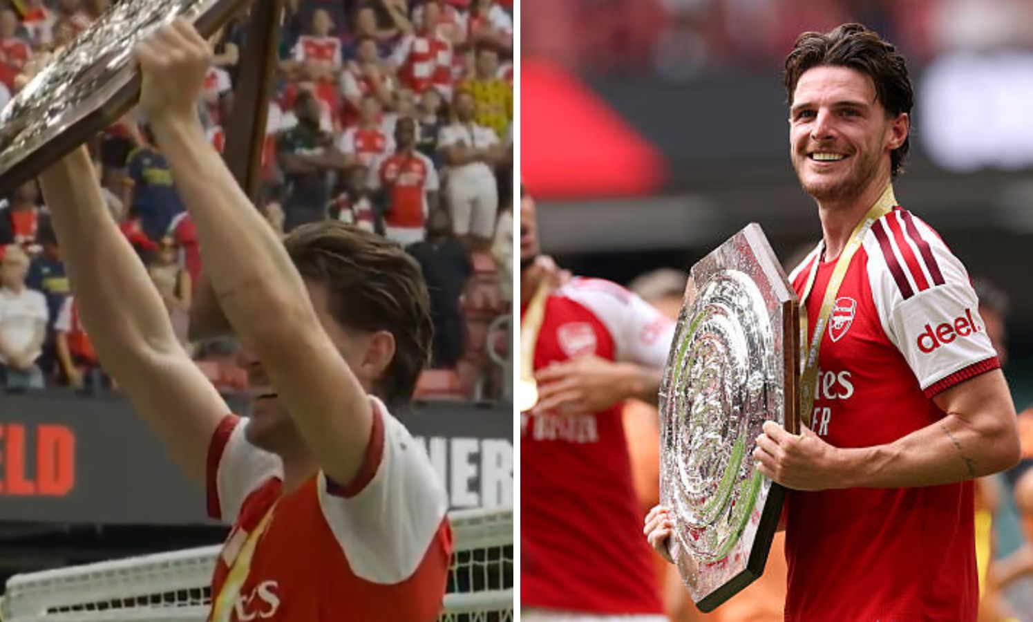 Declan Rice colpito in faccia dal Community Shield durante i festeggiamenti dell’Arsenal
